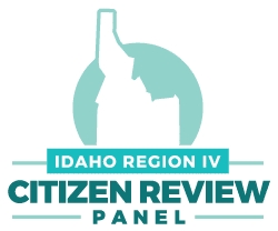 white background with green circle behind white outline of state of Idaho