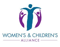 blue and purple figures with Women's & Children's Alliance in blue font