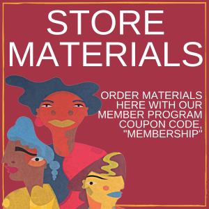 a graphic of three people in front of a maroon background, under white text reading "store materials"