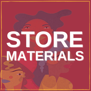 a graphic of three people in front of a maroon background, under white text reading "store materials"