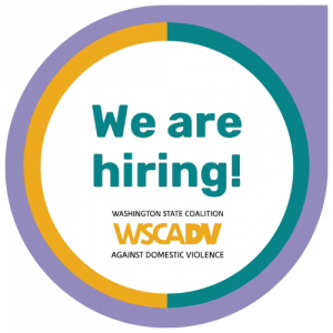 a WSCADV-branded image that has golden yellow & teal details & text saying "We are hiring!" surrounded by a soft lavender bubble