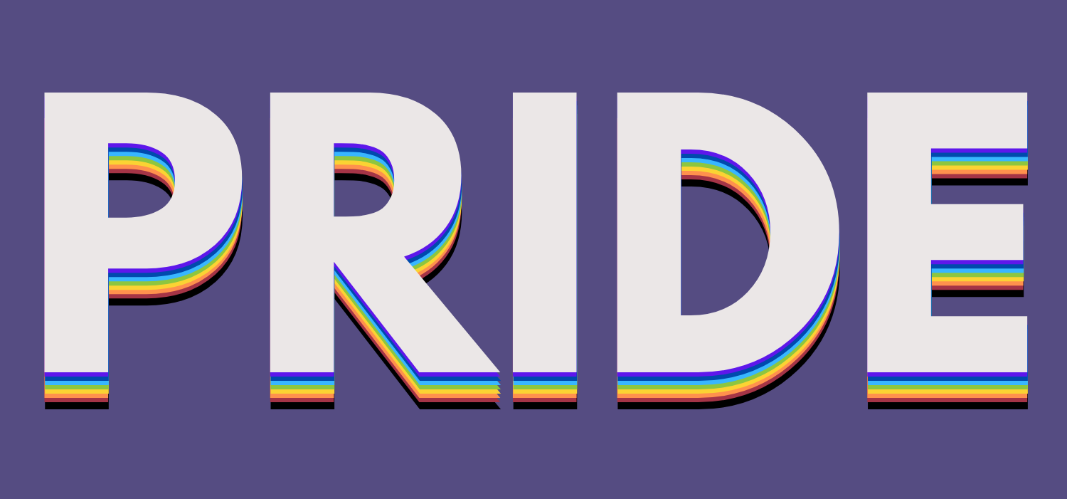 "pride" in white text (with rainbow layers behind it) over a deep lavender background