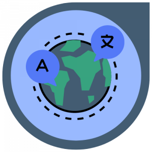 a cool, dark blue bubble has a lighter center; in the center, there's a graphic doodle of the world that has two blue speech bubbles coming out symbolizing different languages