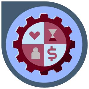 a cool, dark blue bubble has a lighter center; in the center is a digital graphic of a gear that has maroon and light blue details: the center of the gear is split into four quadrants of a heart, a time keeper, a person's silhouette, and a dollar sign