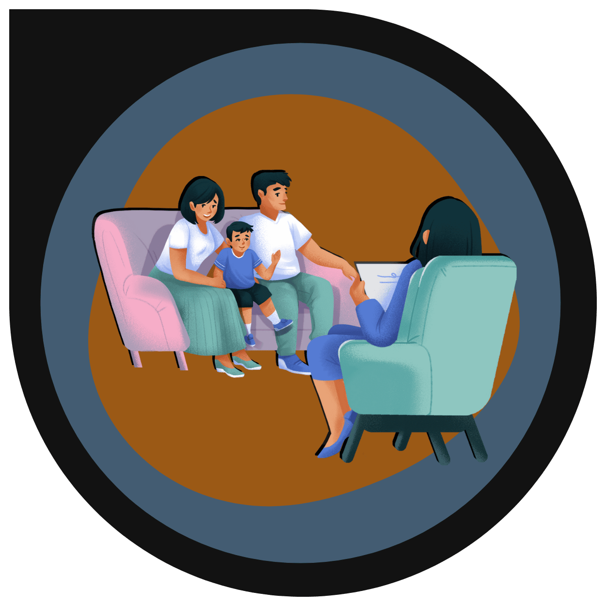 A Sketchily graphic doodle of two brown-skin people, a family of three, talking to someone sitting in a chair. A brown blob separates the graphic from the deep teal and black background.