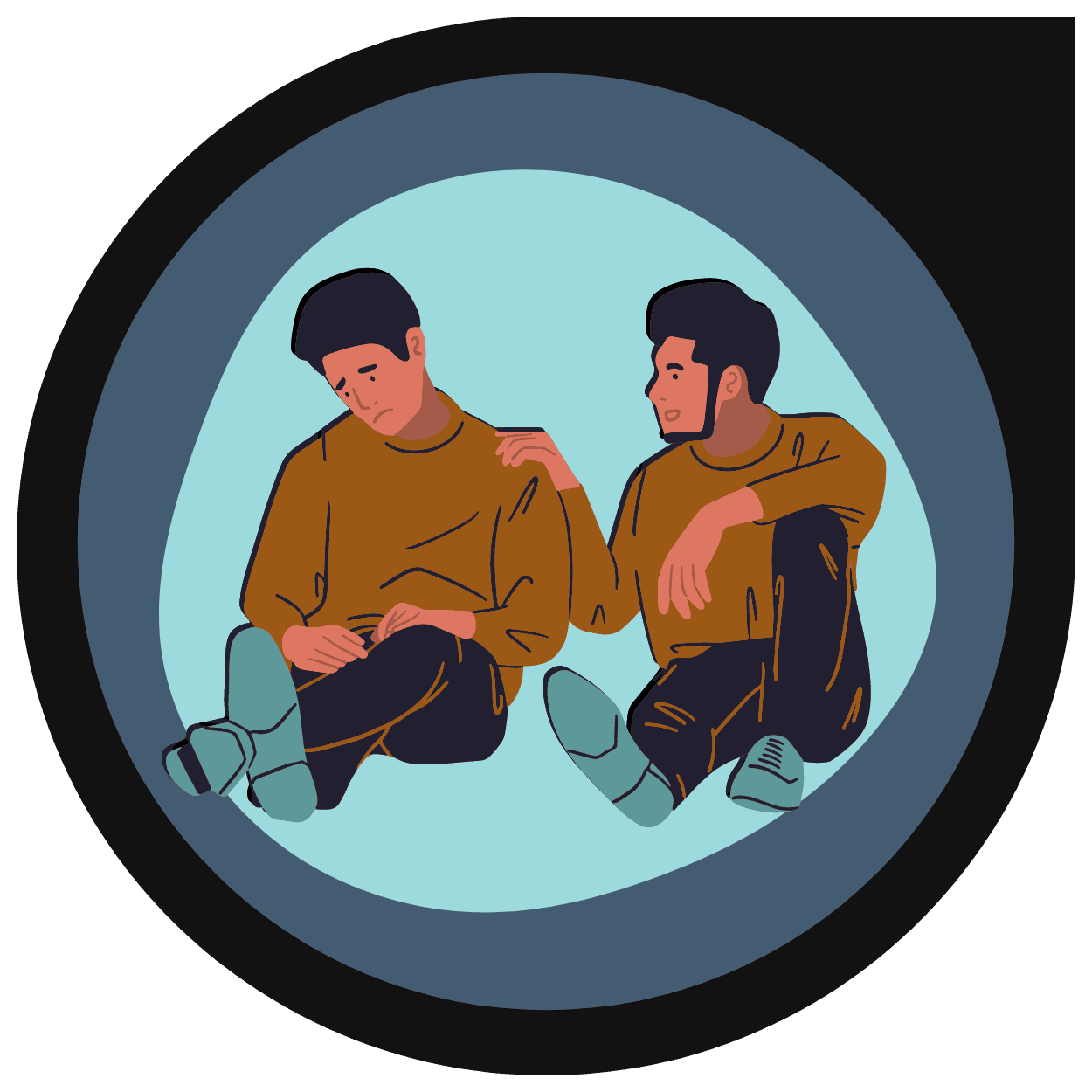 A Sketchily graphic doodle of two brown-skin people seemingly talking through a tough situation; they have brown shirts, and one person places their hand on the other's shoulder. A light teal blob separates the graphic from the deep teal and black background.