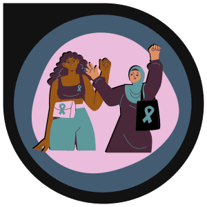 A Sketchily graphic doodle of two brown-skin people with their fists up; they have deep purple and teal accents and both wear teal ribbons. A pink blob separates the graphic from the deep teal and black background.