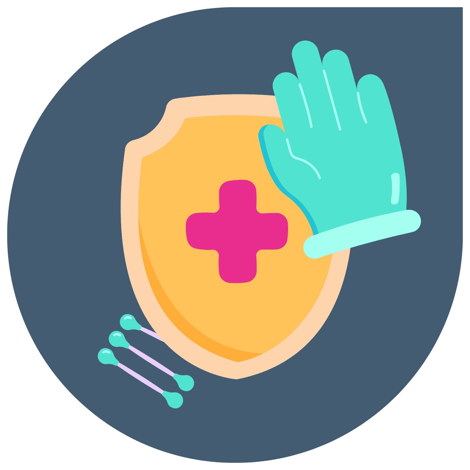 A round, navy blue background has various graphics inside: a teal medical glove and teal cotton swabs and a warm yellow guard icon with a hot pink medical symbol in its center